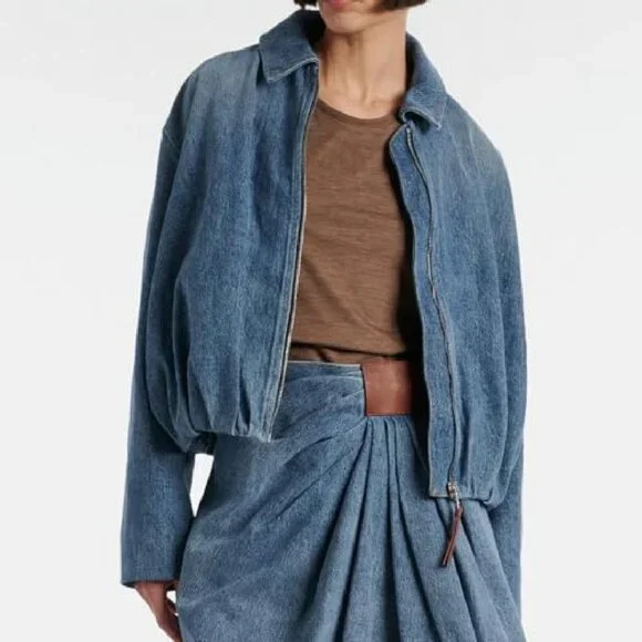 Denim Bomber Jacket Zip Up Draped Loose Fit Collared Casual Lightweight - Picture 7 of 8